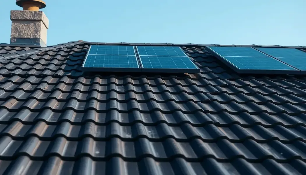 Detail of a tiled roof with rooftop solar panels